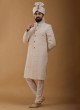 Cream Lucknowi Art Silk Groom Wear Sherwani